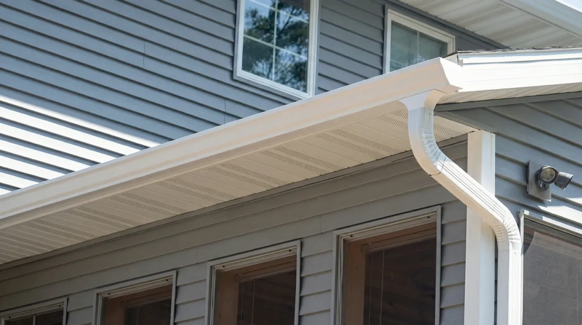 Professional home remodeling project showing newly installed white seamless gutters and downspouts on a house with gray siding in Reno, NV