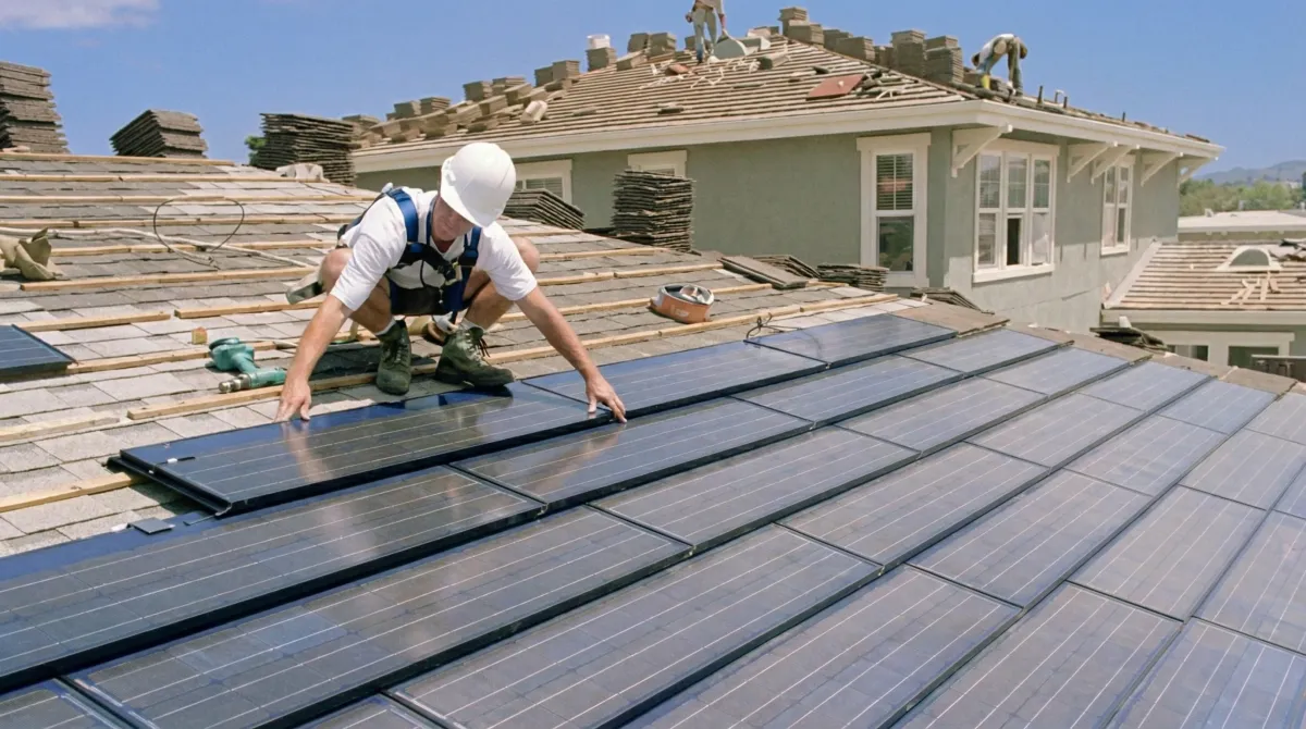 Roof replacement expert installing modern solar shingles on a residential home in Reno, NV