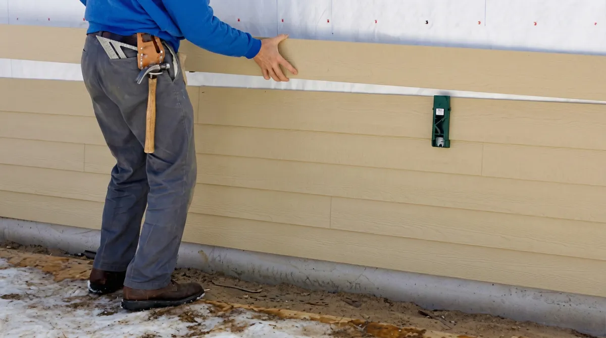 Siding replacement expert carefully aligning a new tan siding panel onto a residential exterior wall in Reno, NV