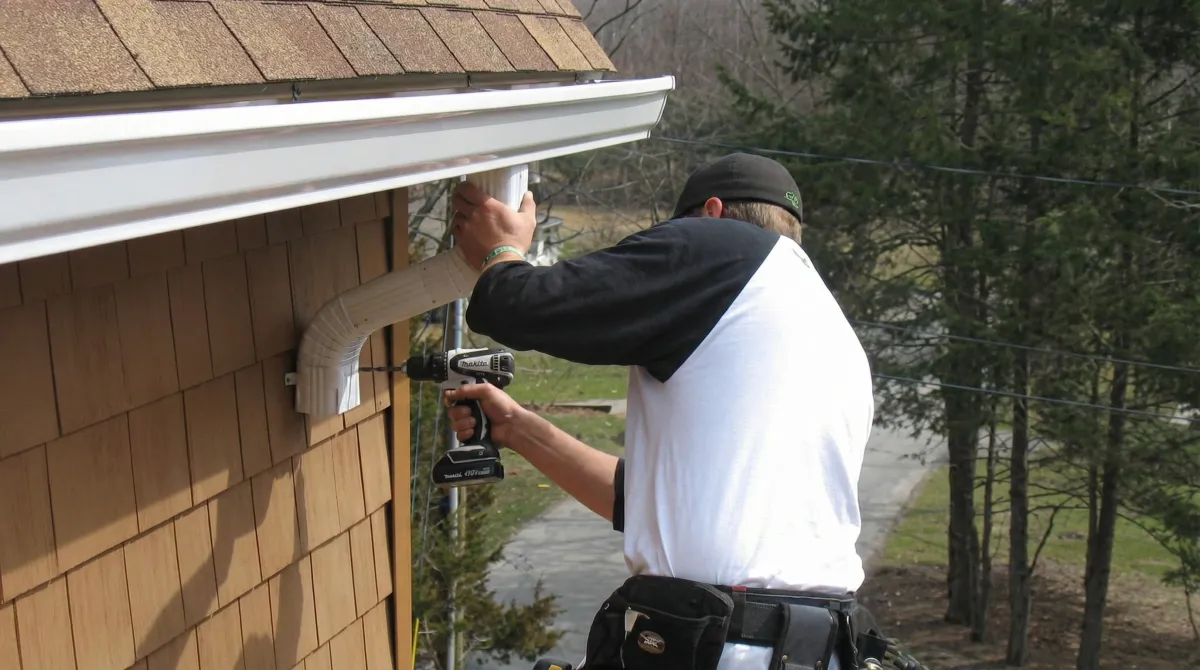 Professional contractor installing tan vinyl siding panels on a residential home exterior in Reno, NV