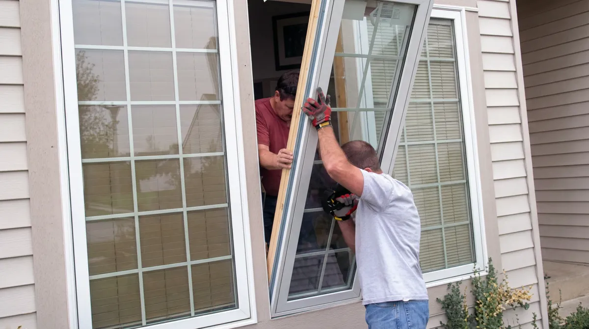 Professional home remodeling team installing a large replacement window on a house with tan siding in Reno, NV